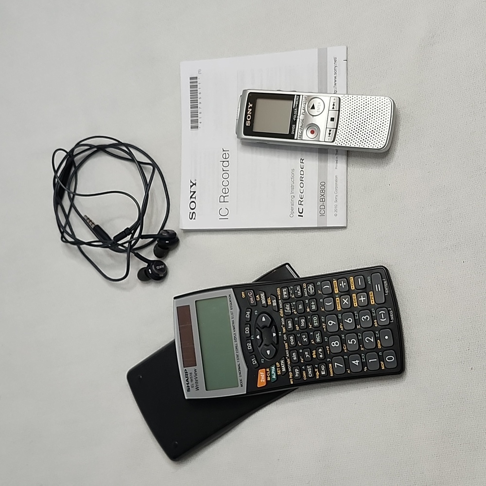Sony ICD-BX800 Recorder, headphones and Sharp EL-W516 Calculator